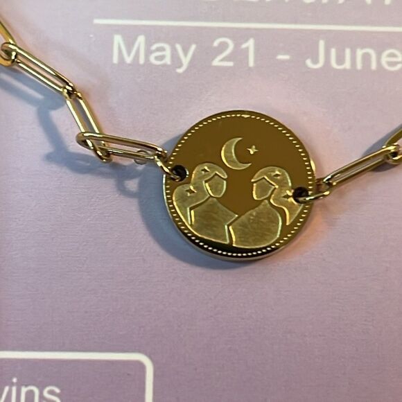 Crystal Gemini Zodiac Engraved Bracelet in ION Plated YG Stainless Steel 7” - Picture 2 of 6